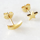 Star and Moon Mismatch Gold Earrings