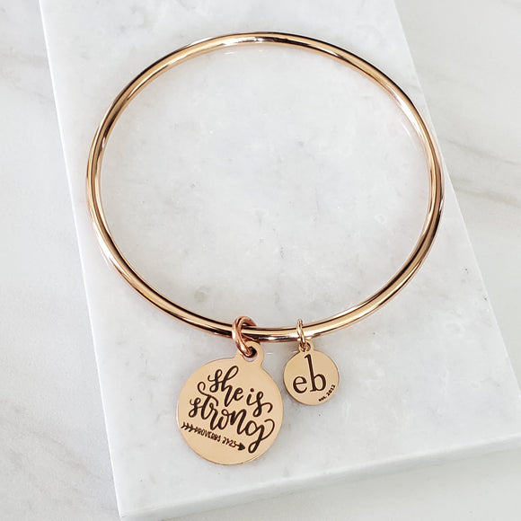 She Is Strong Rose Gold Charm Bangle