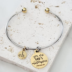 You are God's Masterpiece Bible Verse Gold Charm Silver Bangle